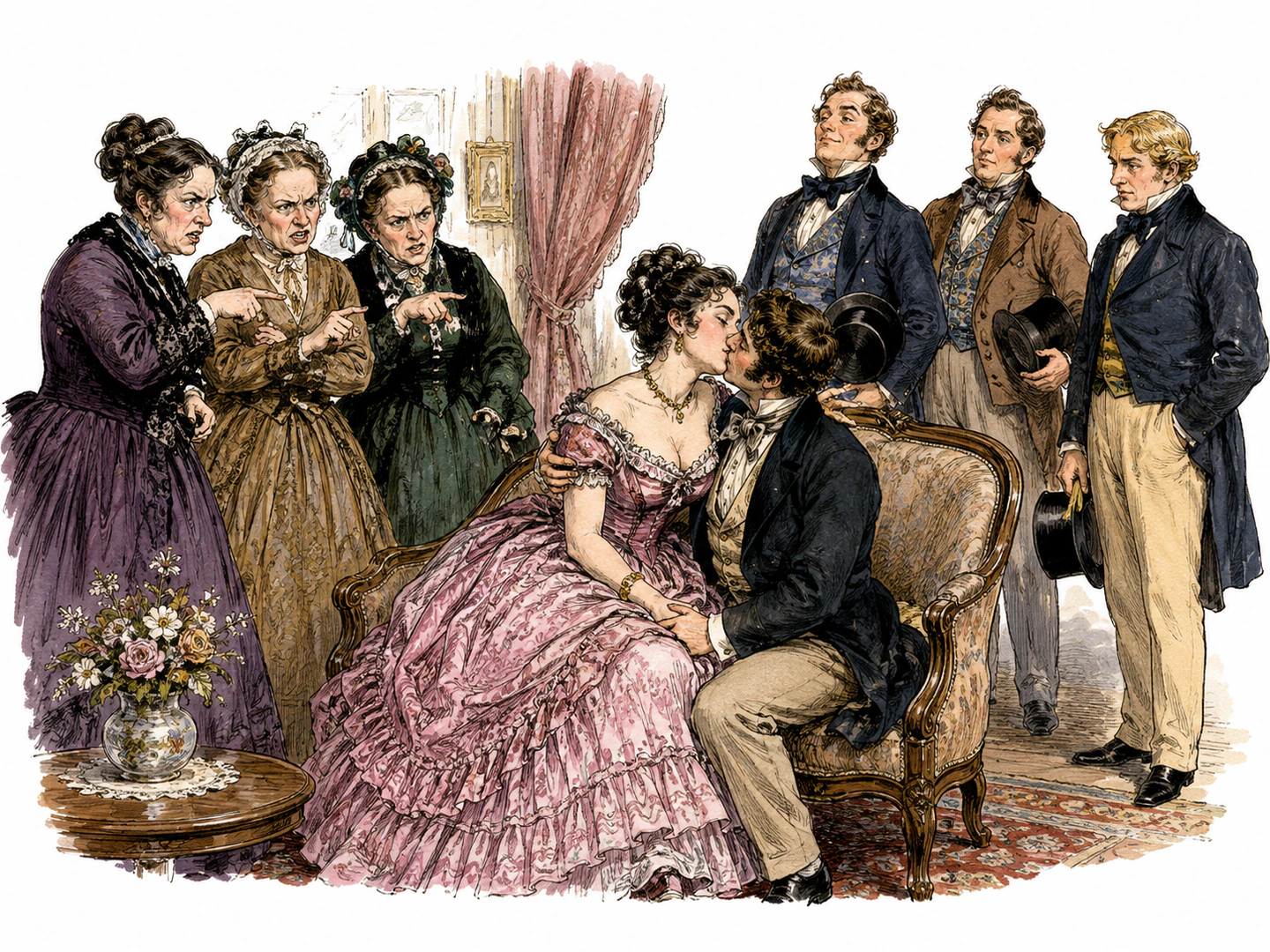 In an old-fashioned parlor, scowling gossips point accusingly at a woman kissing one suitor while other suitors wait nearby, making the insulting judgment about her sexual promiscuity visible.