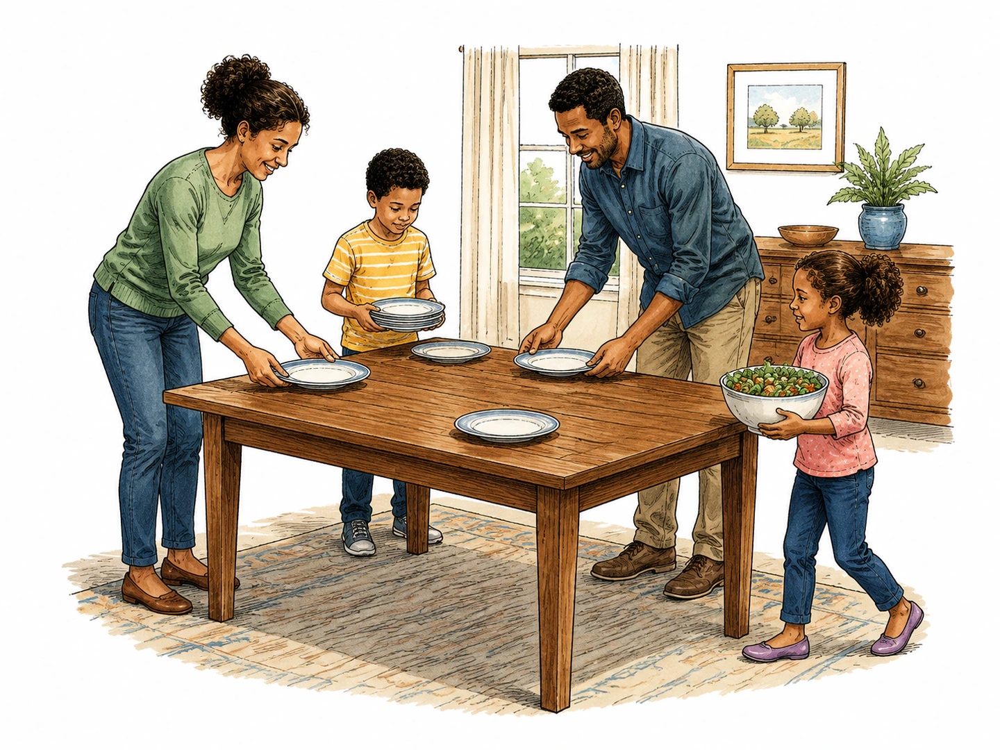 A family places plates and a bowl on a flat wooden surface held up by four legs in the dining room.