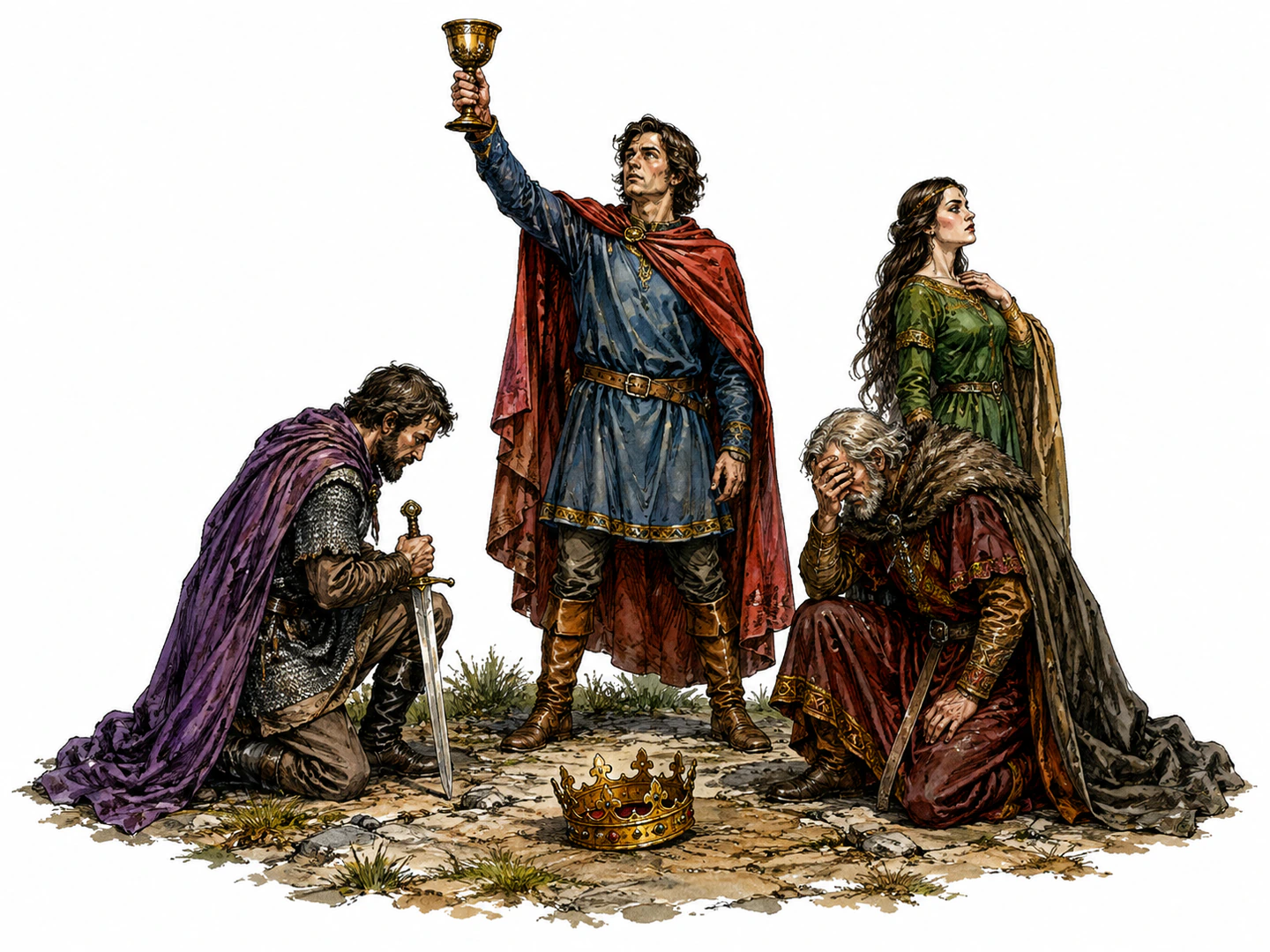 Actors hold perfectly still in dramatic poses around a fallen crown and raised goblet, forming a striking arranged scene like a living picture.
