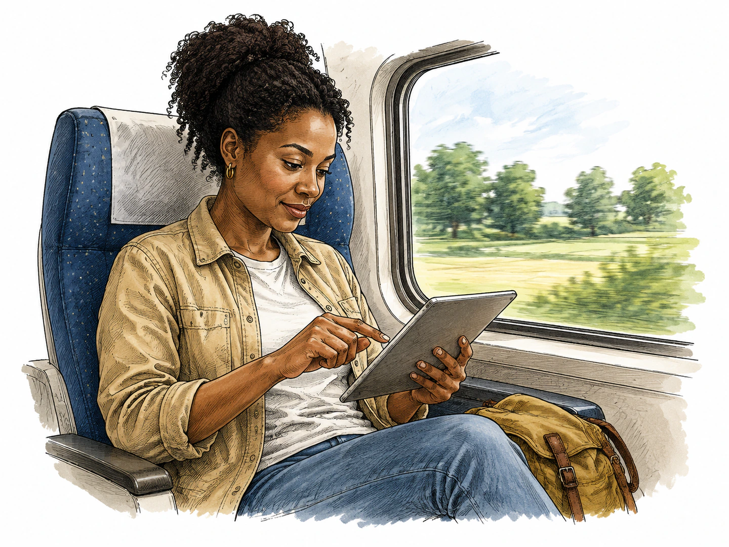A traveler holds a thin flat touchscreen computer in both hands and taps it while sitting on a train.