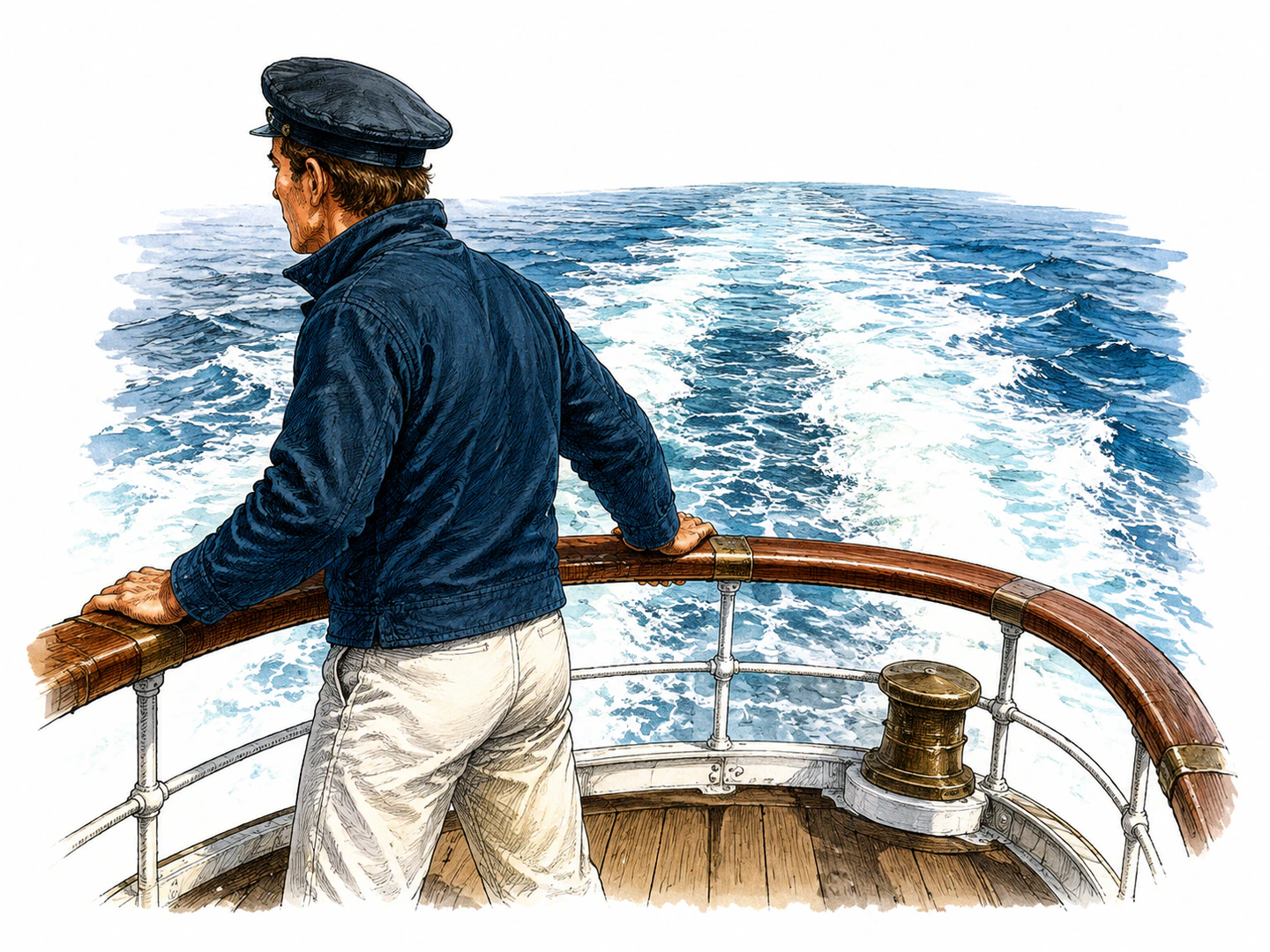 A sailor grips the railing that curves around the stern of a ship while looking back over the wake.