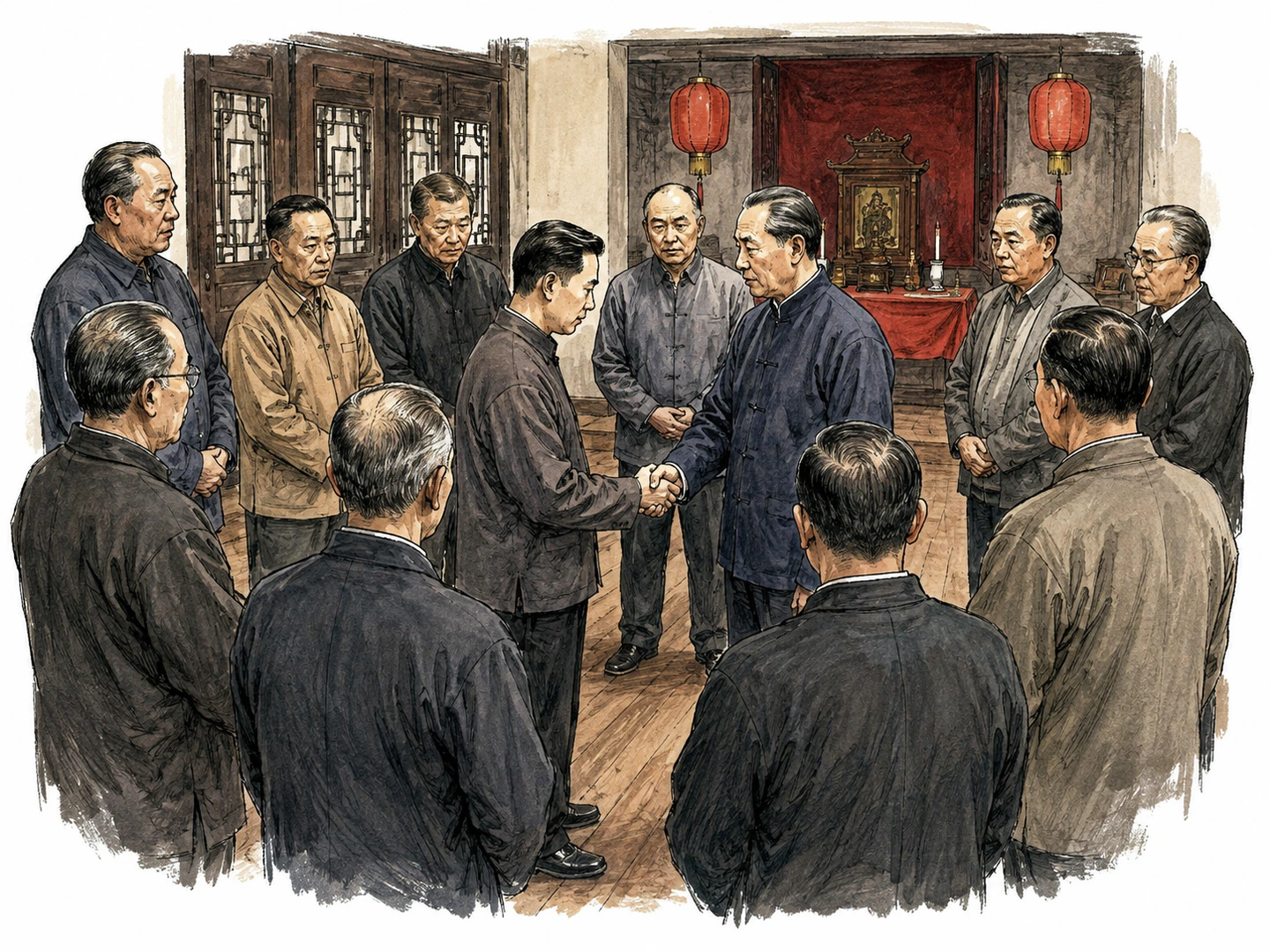 Behind closed doors in a Chinese-American association hall, members gather in a solemn circle and admit a new member with a private handshake.
