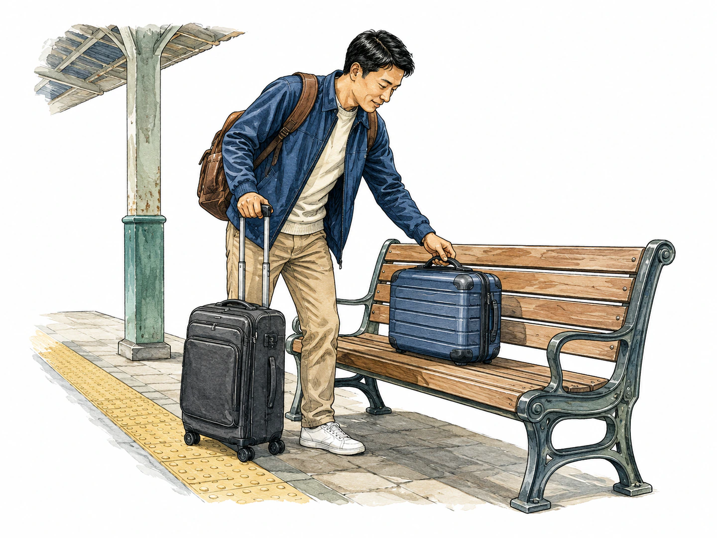 A traveler lifts a small suitcase onto a station bench while keeping one hand on the handle of the compact traveling bag.