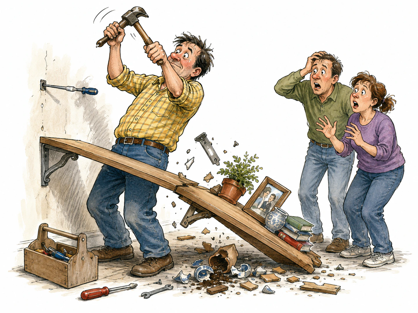 During a simple repair, an inept person confidently hammers the wrong end of a tool while the loose shelf collapses and nearby helpers stare in disbelief.