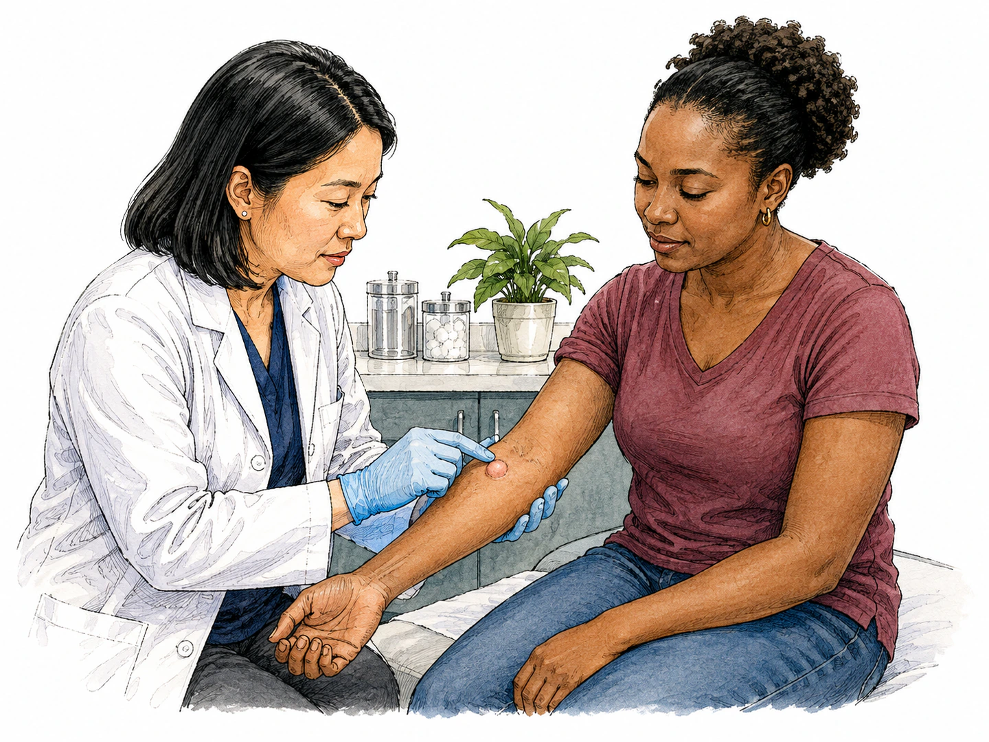 A dermatologist gently examines a small raised lump on a patient's forearm while the patient sits calmly, showing a harmless cyst-like swelling on the skin.