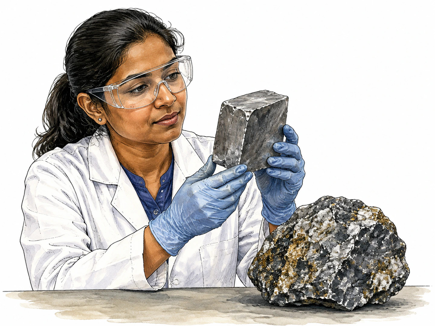 A metallurgist holds a heavy gray metal element sample beside a rough mineral ore, showing the refined metal associated with tungsten.