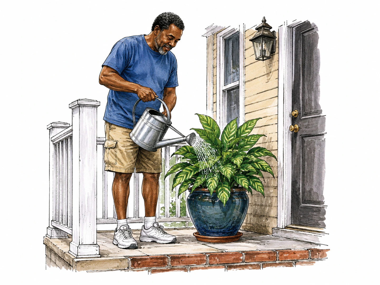 Every morning, the same neighbor automatically waters the same porch plant while reaching for the watering can before anyone reminds them, showing an accustomed and likely habit.
