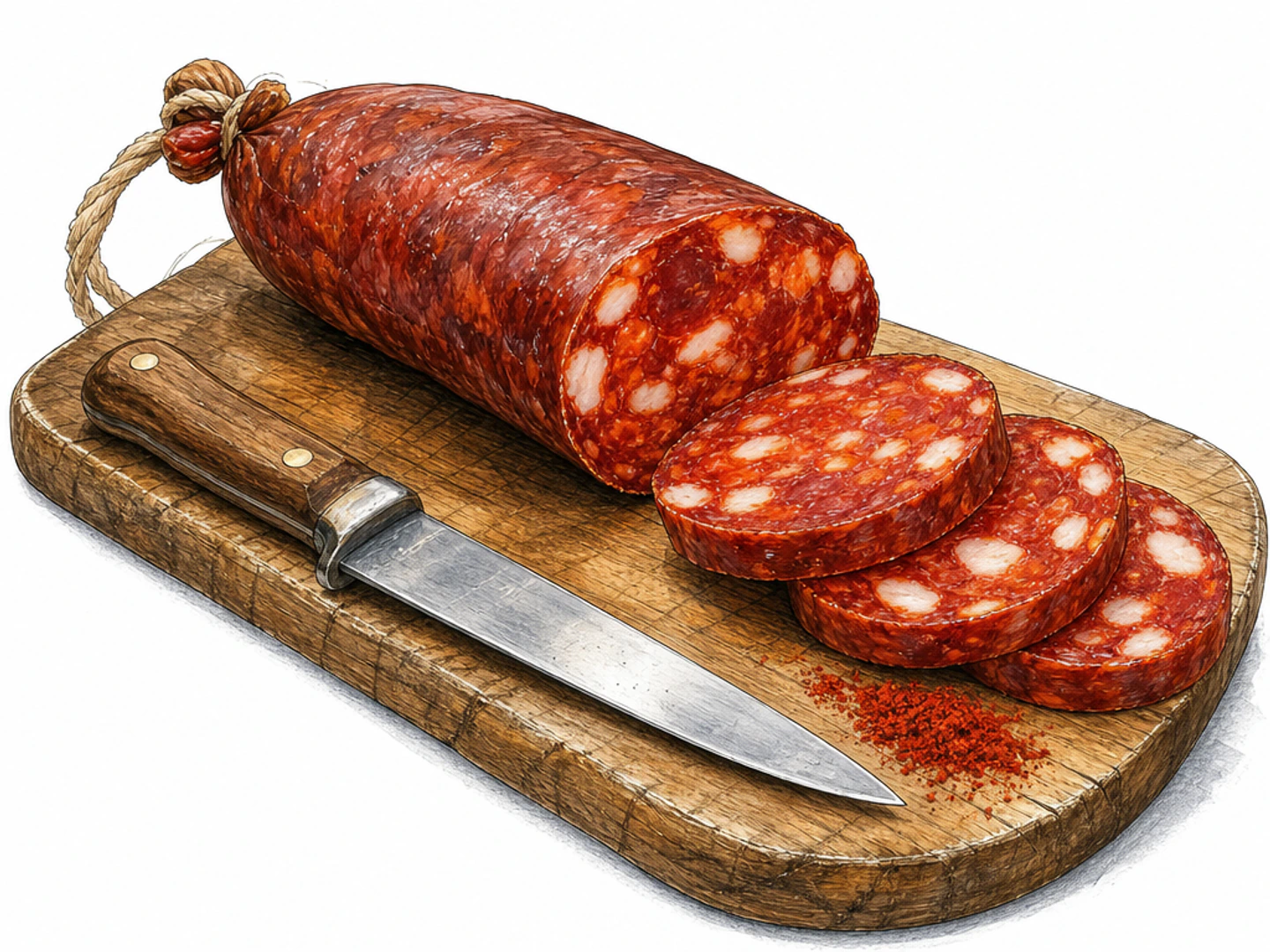 Close food illustration of a paprika-red cured Spanish chorizo sausage on a small worn wooden chopping board, its end sliced into three thick rounds revealing coarse pork and creamy white fat flecks. A plain kitchen knife rests alongside, with a tiny pinch of red spice. The sausage is the dominant subject. No packaging or lettering.