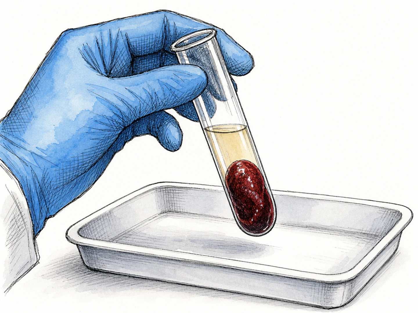 A clean laboratory close-up: one clear glass test tube tilted slightly in a blue nitrile-gloved hand, holding a cohesive dark-red blood clot with a small amount of translucent straw-colored serum around it. A simple unmarked white tray lies below. The rounded gelatinous clot is unmistakably a solid mass within liquid. Non-graphic educational laboratory sample, no wound or body.