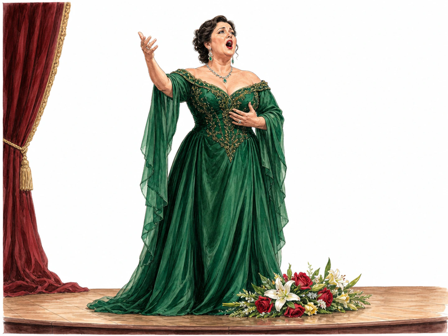A celebrated middle-aged white Italian female opera singer in a rich emerald gown commands center stage, singing with an expressive lifted hand; a modest spray of flowers lies at her feet. A cropped stage edge and small part of a burgundy curtain establish a performance. She is a skilled charismatic performer, not a caricature.