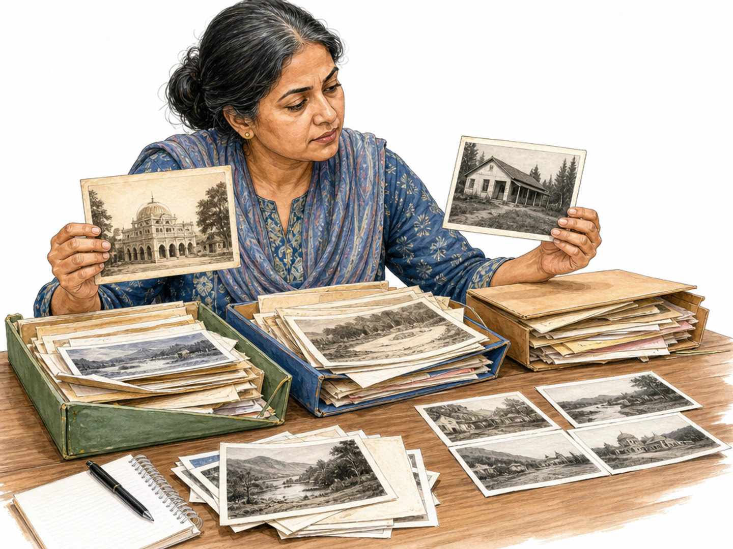 A middle-aged South Asian woman researcher sits at a small desk, comparing two distinct archival photographs while sorting additional photographs and unmarked paper records from three open folders into a small ordered group. Her focused gaze moves between the separate sources. Photos show simple recognizable buildings and landscapes, no writing, no charts, no readable text. A concrete act of gathering clues from scattered records, not harvesting grain.