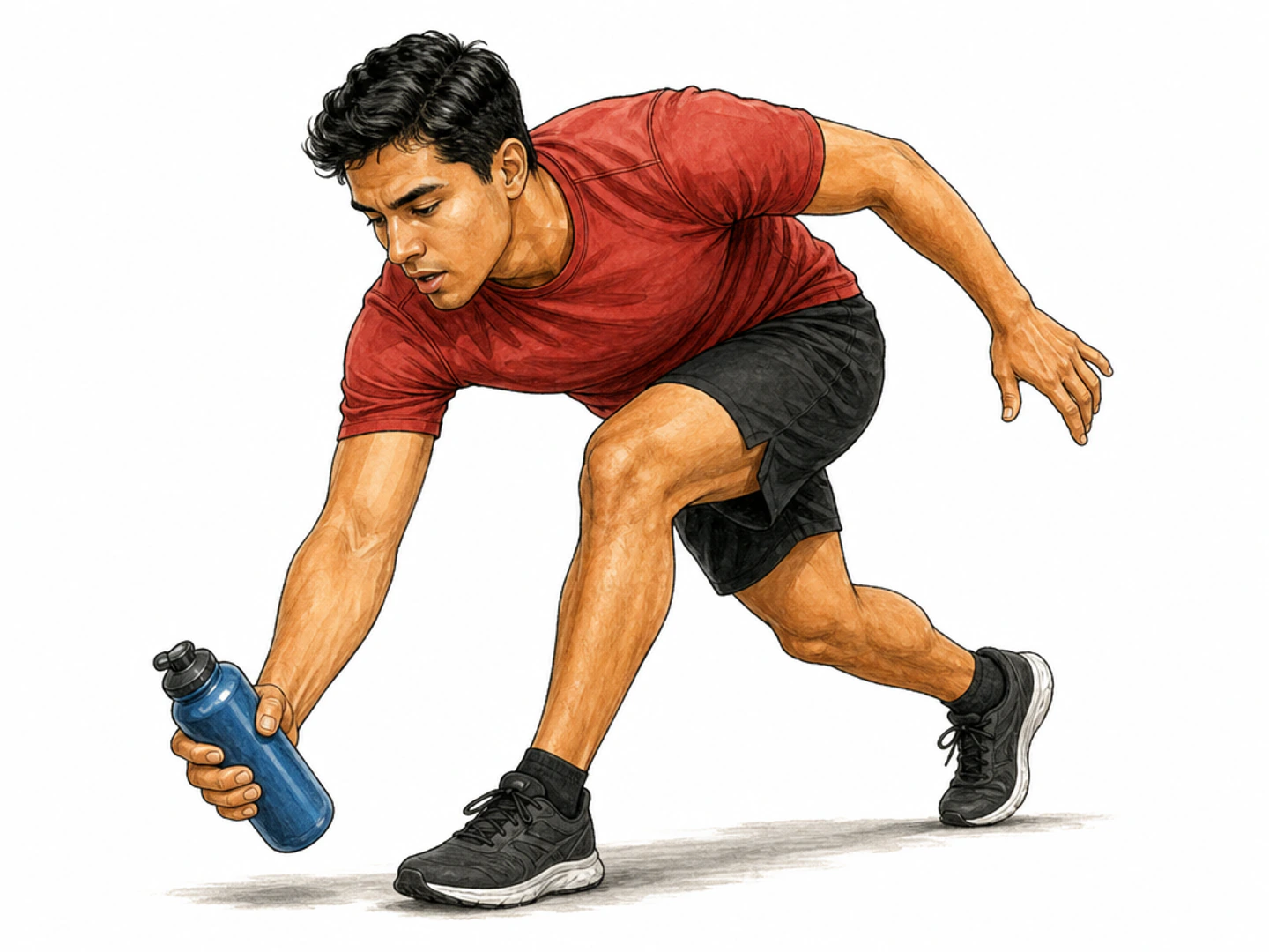 A young adult Latino male runner in a brick-red athletic shirt suddenly catches a blue water bottle that has slipped toward the ground. His right hand closes firmly around the bottle at a low angle while his torso lunges down. Clearly show thumb opposing fingers and the bottle securely gripped, one person, natural anatomy, a small ground shadow.