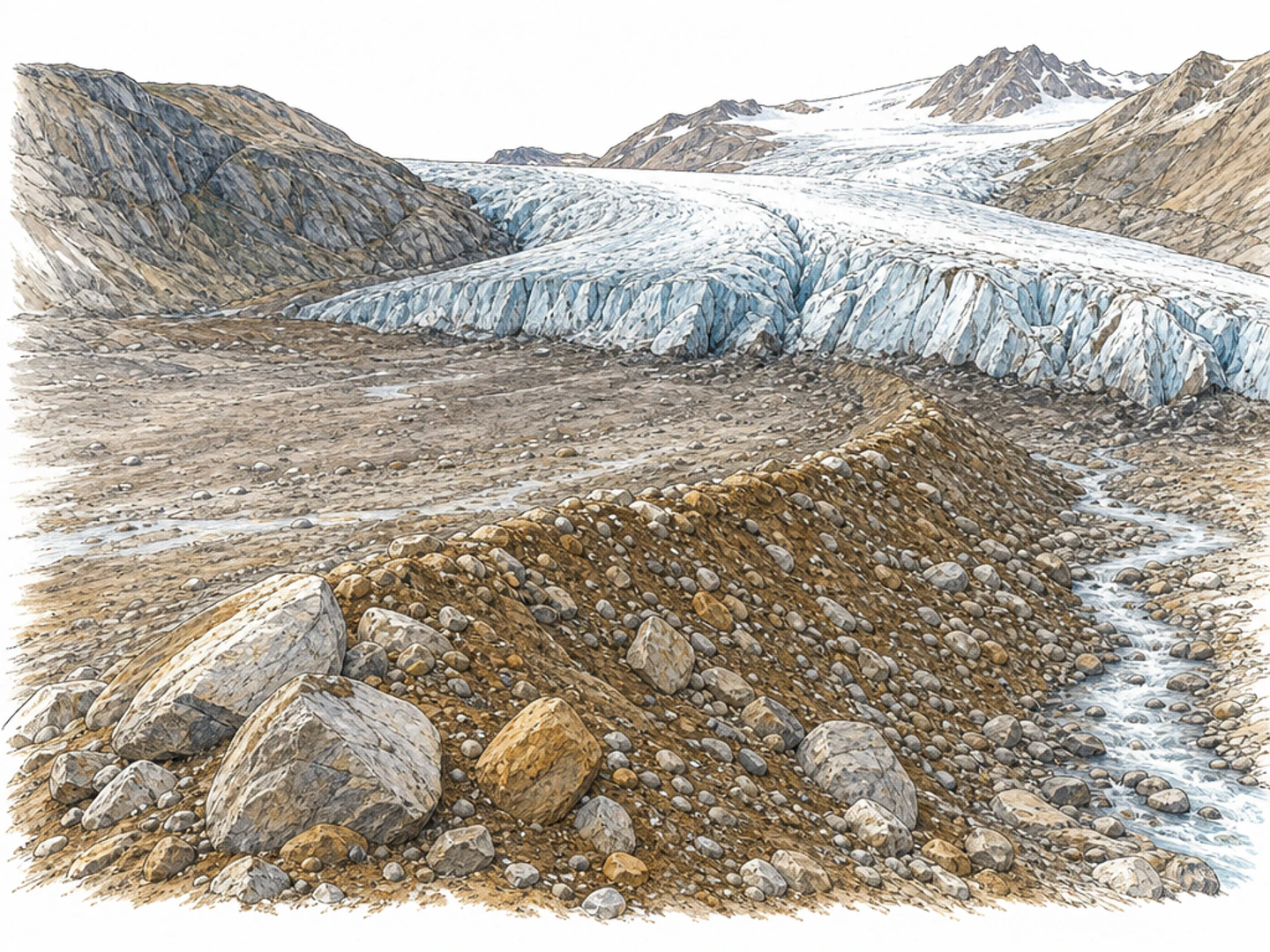 An alpine glacier ending behind a prominent curved ridge of unsorted gray and ocher rocks, boulders and brown soil in the foreground. The ice tongue has visibly retreated a short distance beyond the ridge, leaving rough bare ground between. A small meltwater stream escapes to one side. The debris ridge, not a mountain peak or snowbank, dominates.