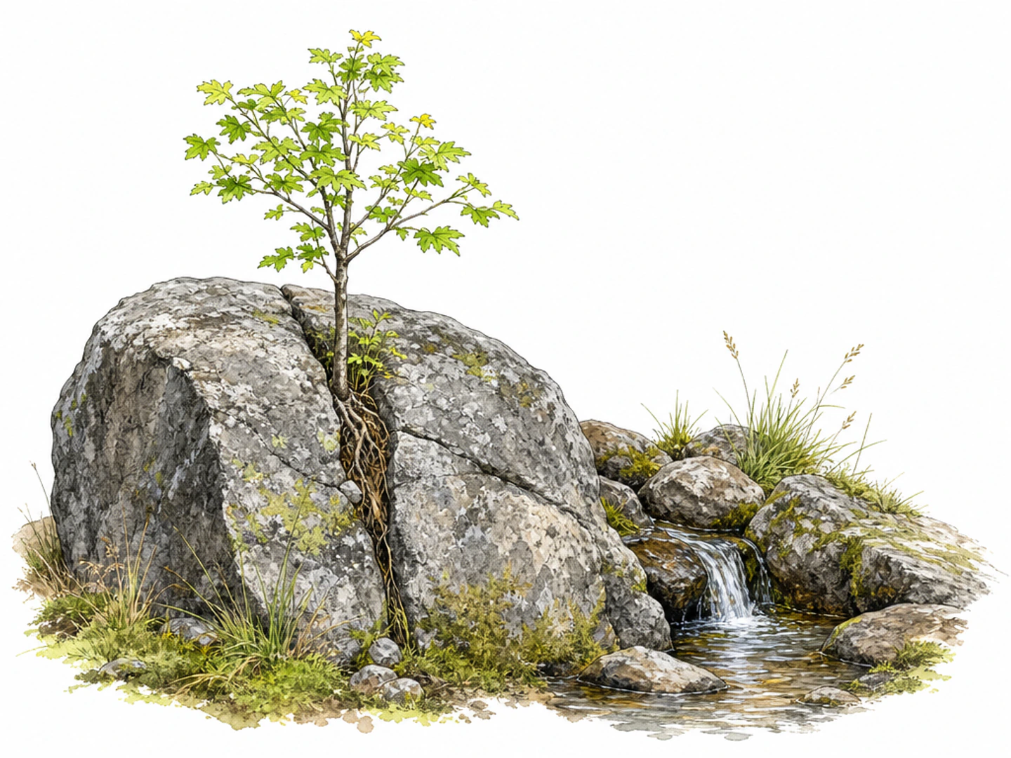 A young green tree has sprouted by itself from a narrow crack in a weathered gray boulder beside a small wild spring. Exposed fine roots follow the rock fissure into soil, with moss and uneven grasses; the water emerges between natural rocks. Sparse scene with no pot, tools, masonry or human landscaping.