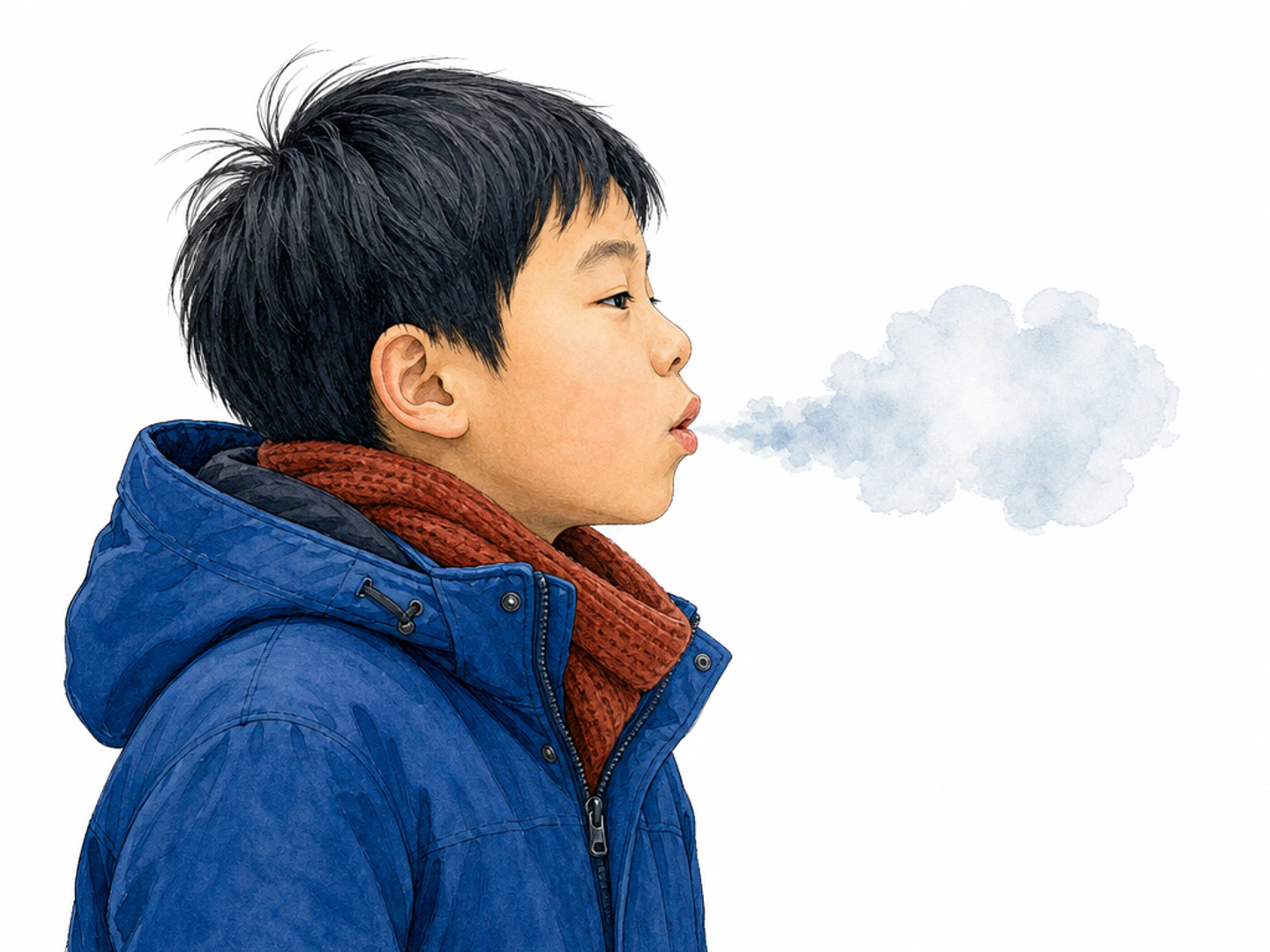 A young East Asian boy in a cobalt winter coat and rust scarf exhales one small visible cloud of breath into cold air. Side view of the face and chest, lips gently rounded; the detached pale blue-gray vapor cloud is the clearest focal point against a white background. No cigarette, no steam kettle.