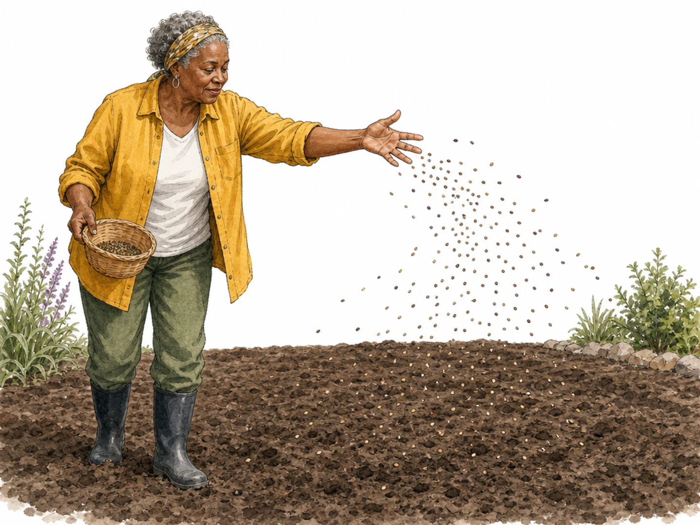 An older Black woman gardener in a mustard overshirt casts a handful of seeds outward over a broad patch of bare earth. Her open hand has just released the seeds, which form a clearly spreading fan in different directions across the ground. Realistic hand anatomy, simple sparse garden edge, no lettering or arrows.