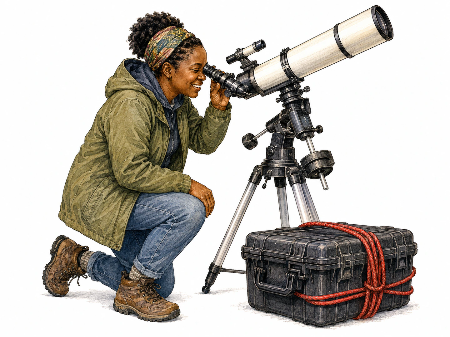 An unpaid community astronomer joyfully observing through a telescope, with a warm red cord looped around the equipment case.