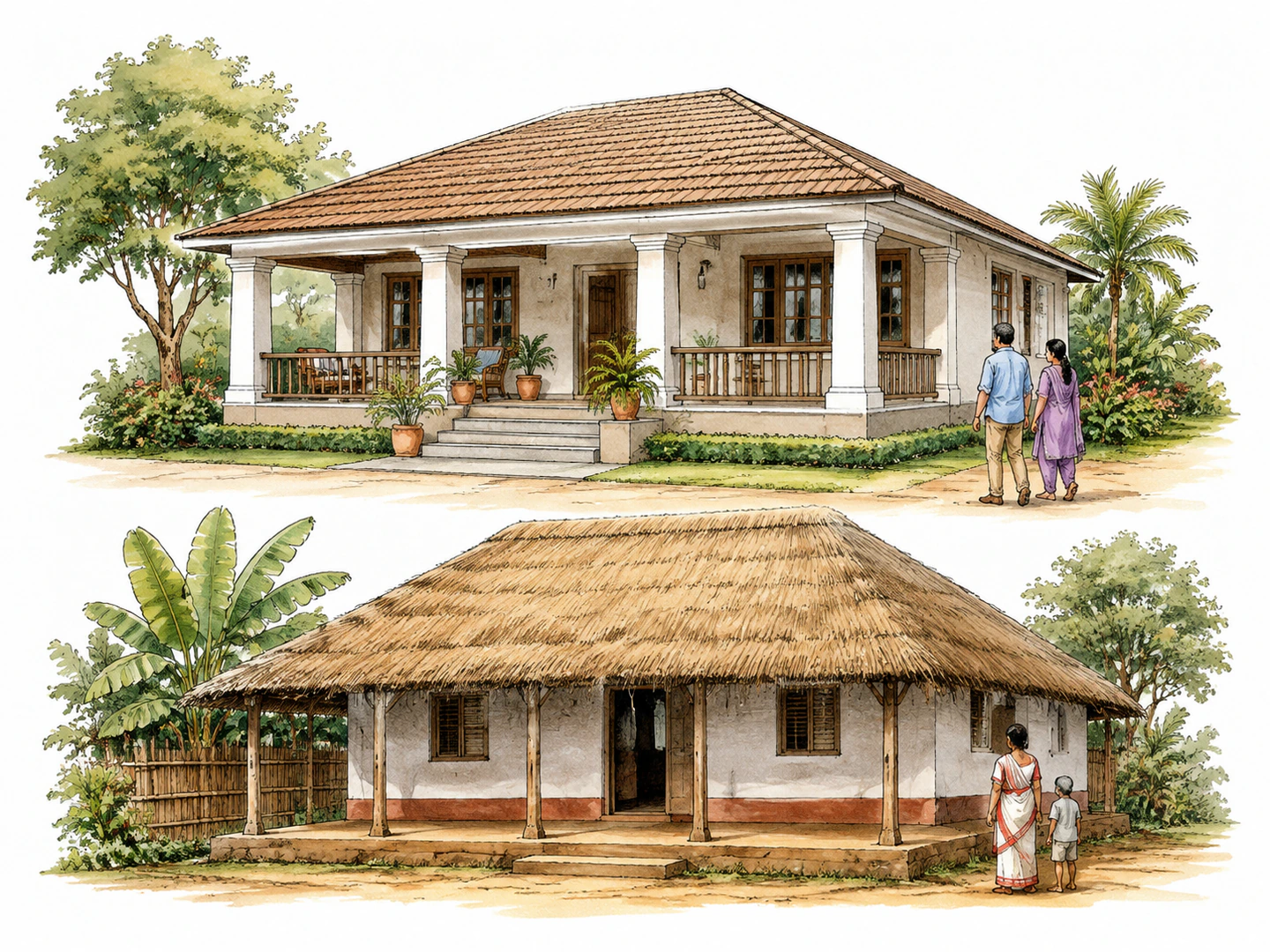 A welcoming modern one-story bungalow with broad porch is visually paired with the low thatched Bengal-style house that gave the form its name; respectful architectural continuity, people secondary.