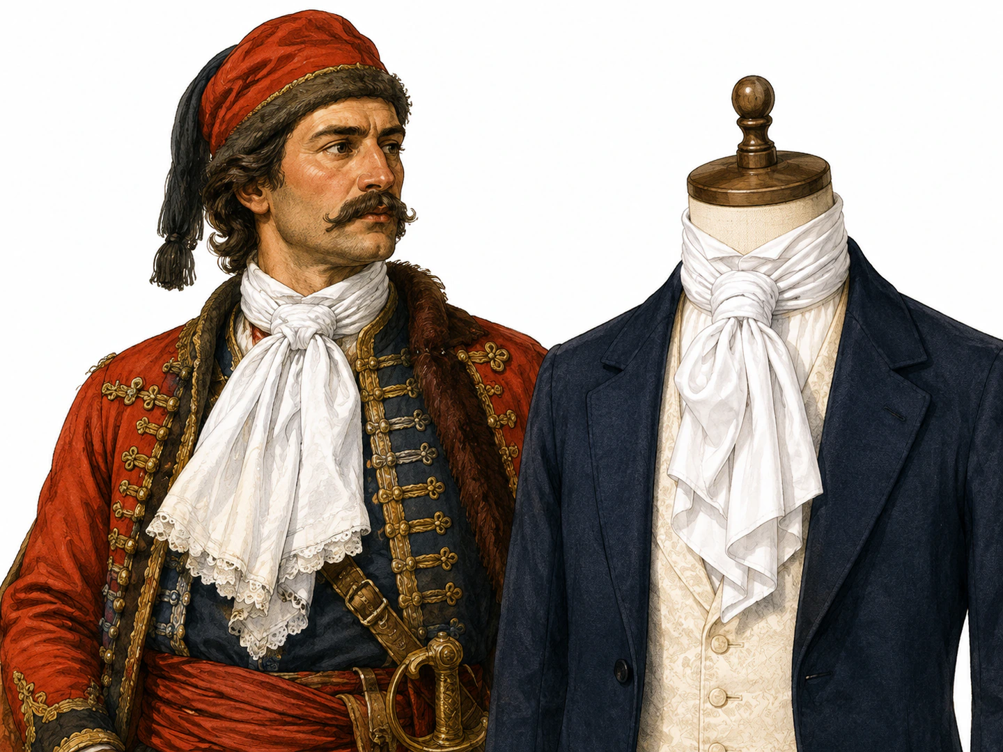 A seventeenth-century croatian cavalryman’s distinctive neckcloth visually echoed by a modern formal cravat on a nearby mannequin.