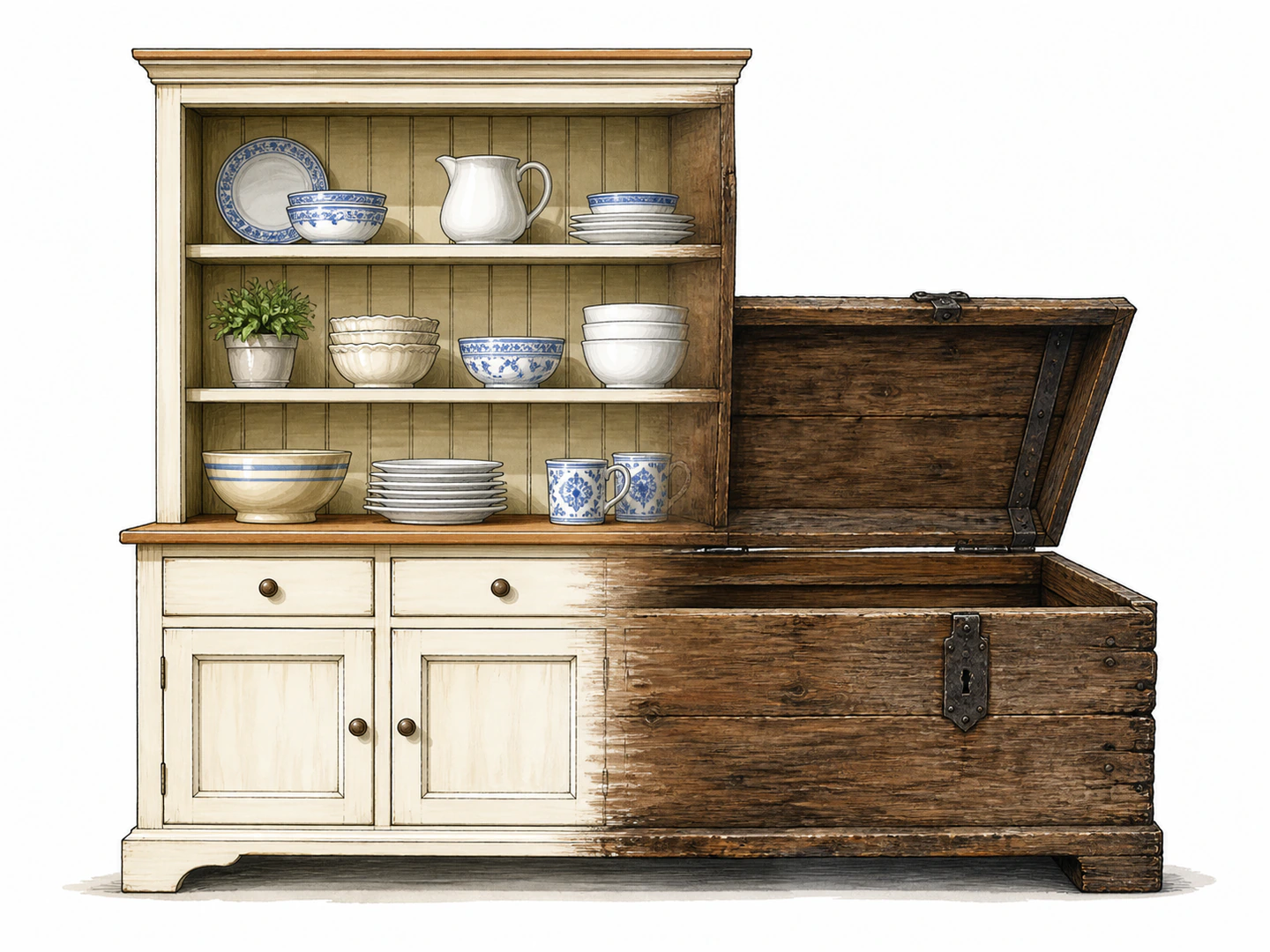 A handsome modern kitchen hutch displays dishes on upper shelves and storage below, while one lower panel visually transitions into an old wooden storage chest, showing the historical shape change.