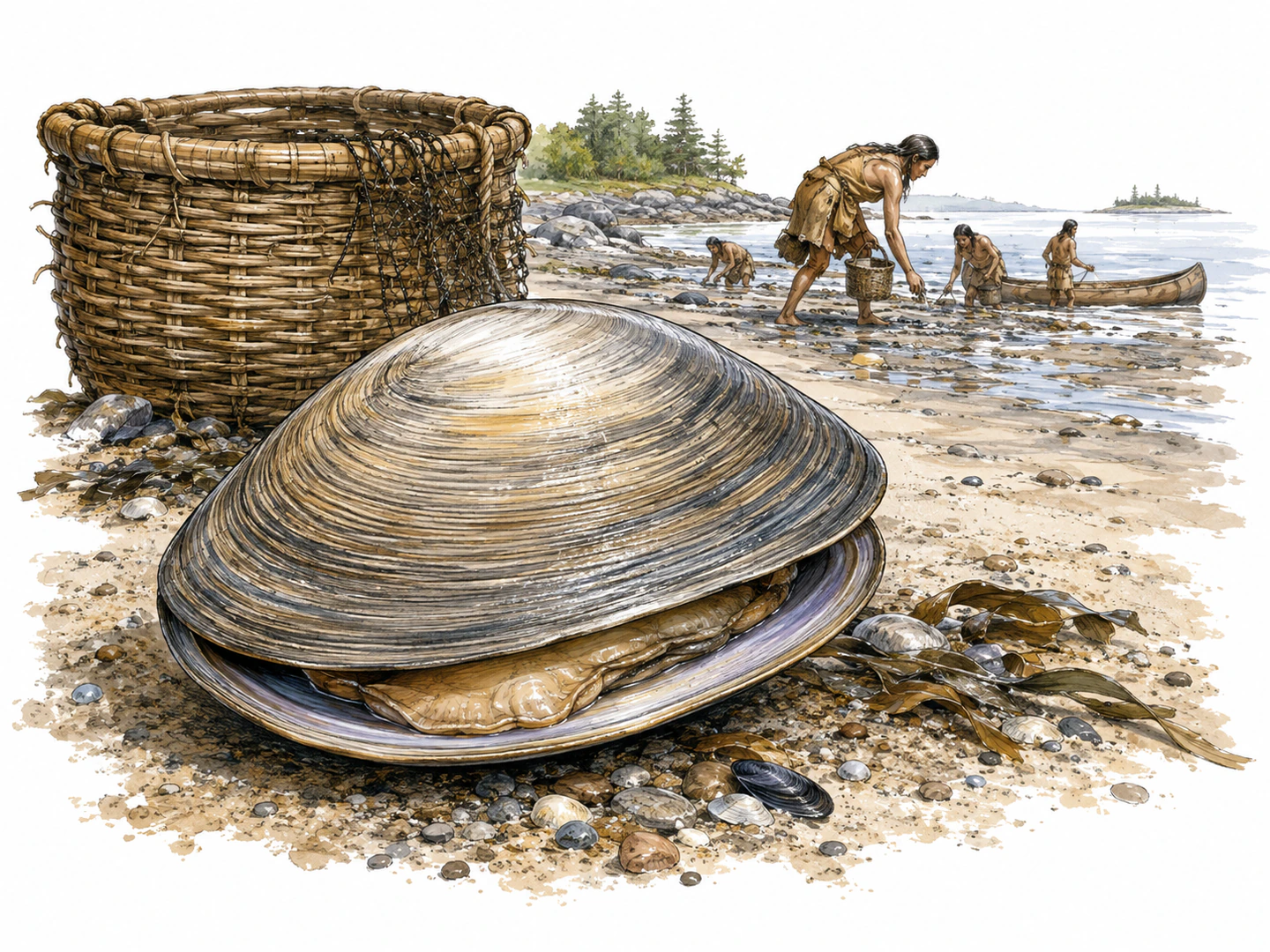 A large hard-shell quahog rests partly open on Atlantic shore sand beside a shellfish gatherer's basket; a respectful seventeenth-century coastal Indigenous harvesting scene in the distance connects the documented source language.