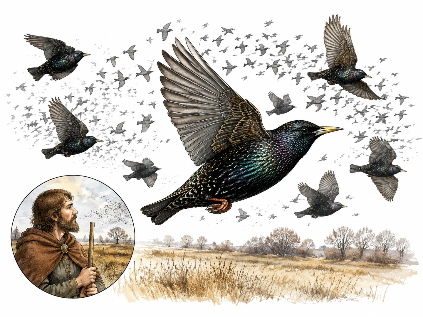 A close flock of glossy dark starlings wheels over a field; one small bird in front is crisply detailed, with an inset echo of an Anglo-Saxon observer watching the same species.