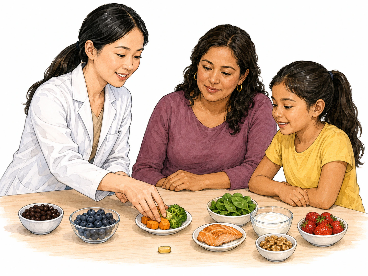 A dietitian arranges small portions of varied nutrient-rich foods beside a single supplement while advising a family.