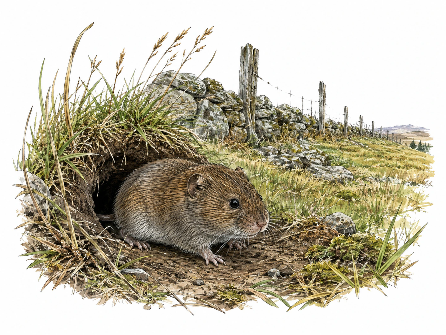 A small stout vole emerges from a burrow in a grassy northern field, with short tail and rounded body clearly distinguished from a mouse; an old field boundary recedes behind it.