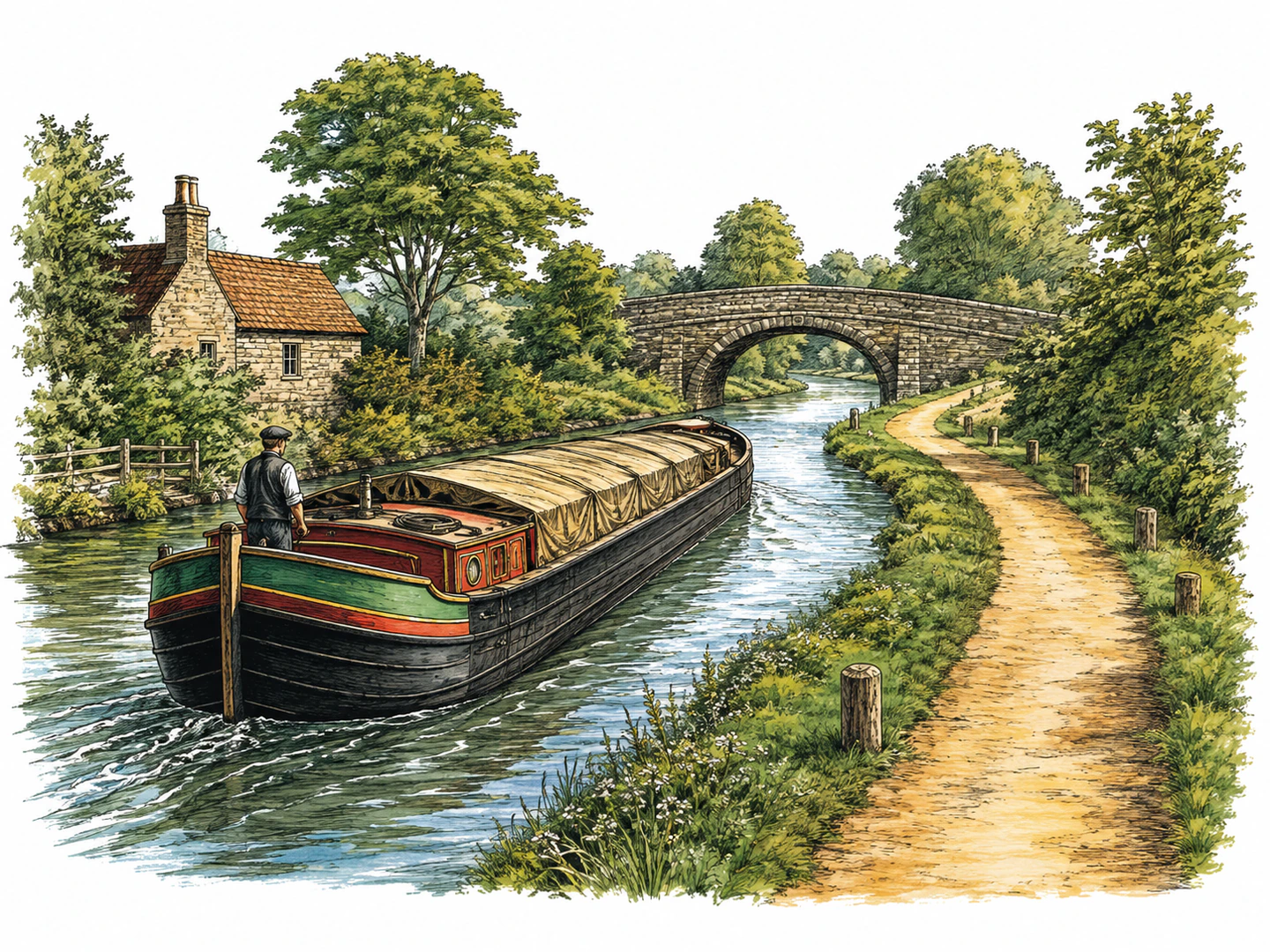 A cargo boat traveling along a canal whose winding ochre towpath mirrors the water route.