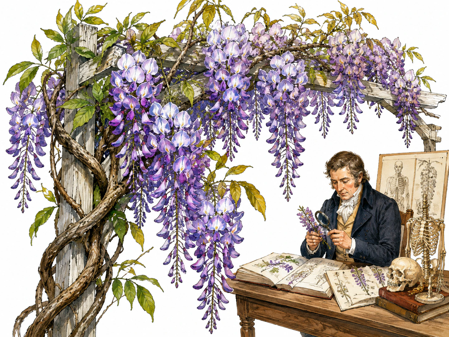 Fragrant purple wisteria cascades from a climbing vine around a garden arbor; a subtle early nineteenth-century anatomist studies a specimen in the background, linking the namesake without labels.
